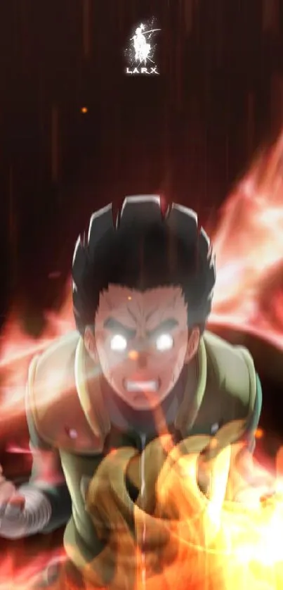 Anime character with fiery energy aura in dynamic power pose.