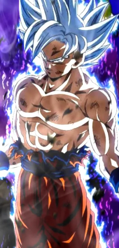 Dynamic anime character radiating energy in a vibrant blue aura.