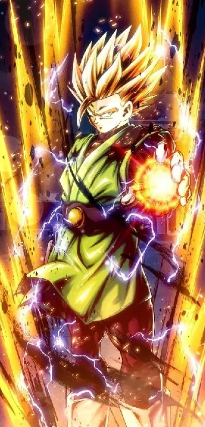 Anime character with power aura surrounded by golden energy and lightning.