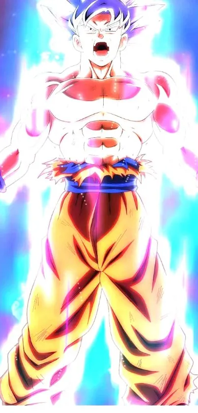 Anime character glowing with intense power aura.