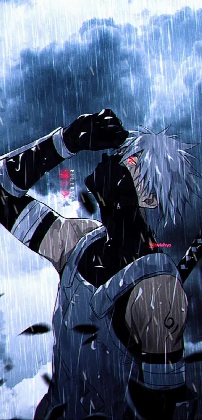 Anime warrior standing in rain with dark clouds background.