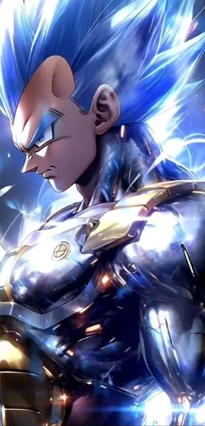 Anime Saiyan warrior with blue hair and armor radiates power.