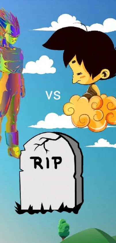 Colorful anime character face-off in the sky with clouds and a gravestone.