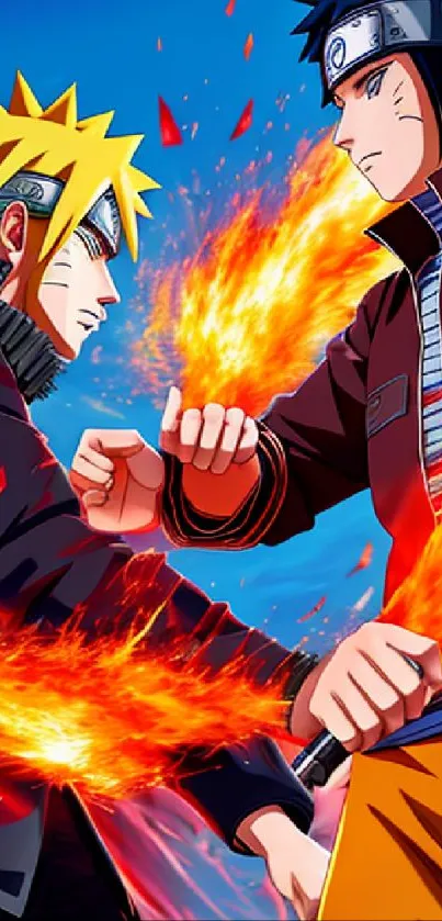 Epic anime characters clash with fiery energy in vivid colors.