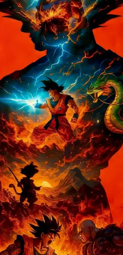 Anime wallpaper with fiery backdrop and characters.