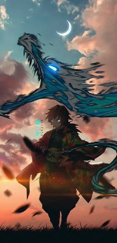Anime silhouette with dragon under a sunset sky.