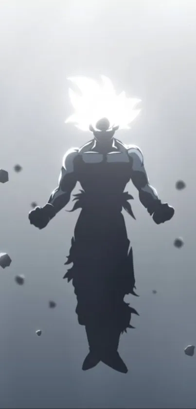 Epic anime silhouette with glowing aura and floating stones.