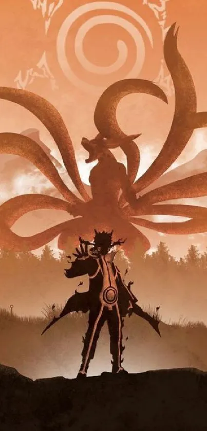 Epic anime silhouette wallpaper with warm tones.