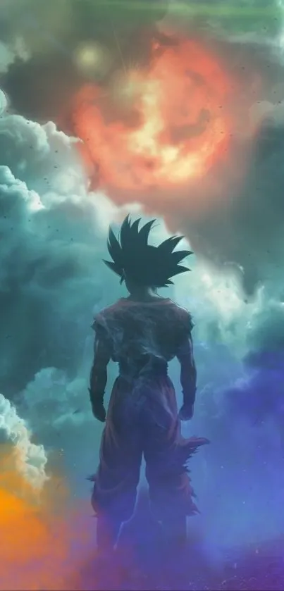 Anime character stands under vibrant sky with colorful clouds.