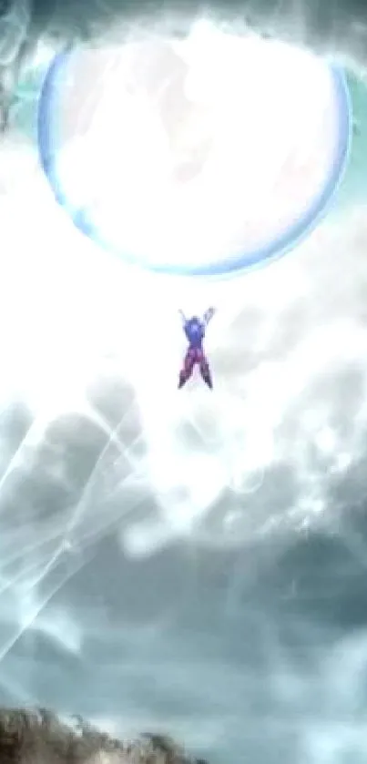 Epic anime character amid glowing spiritual energy in dramatic cloudy sky.