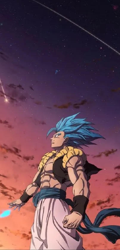 Anime character standing against a dramatic sunset sky with stars.