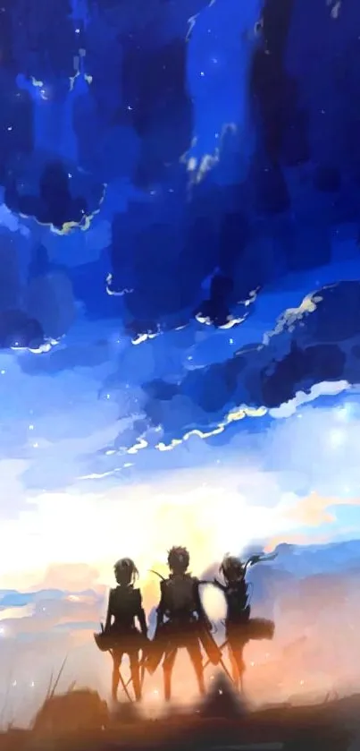 Epic anime night sky wallpaper with silhouetted characters.