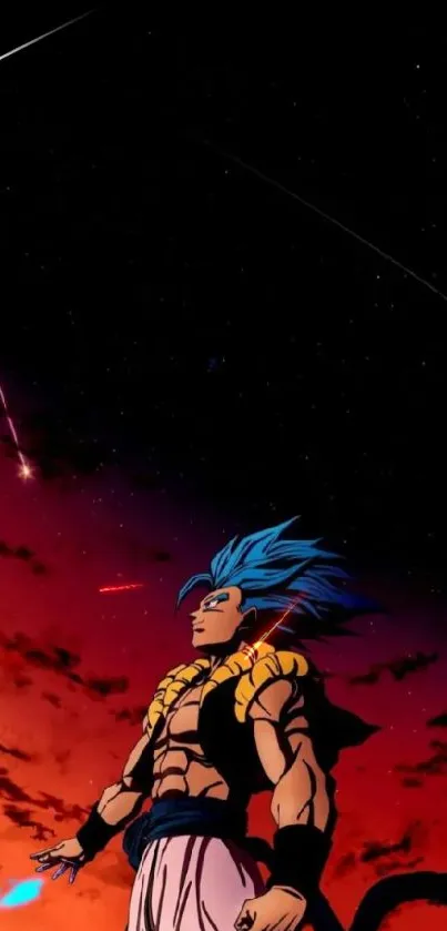 Anime character with blue hair under a red cosmic sky.