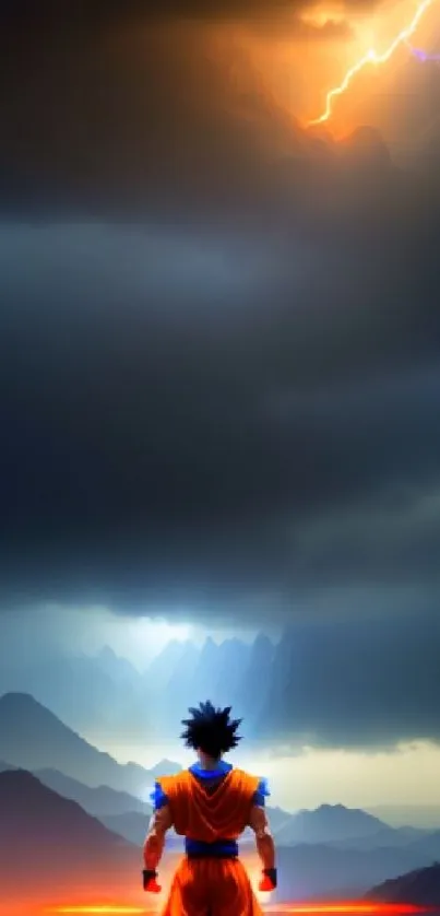 Epic anime character facing stormy mountains with striking lightning.