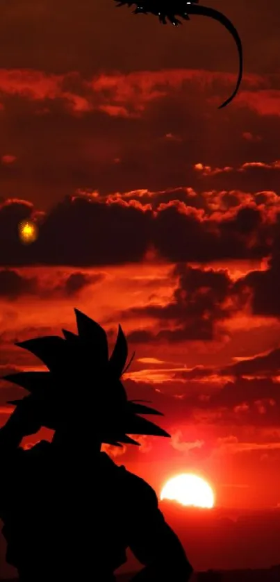 Anime silhouette with red sunset background and vibrant sky.