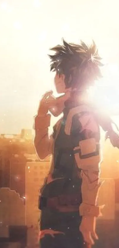 Anime hero stands against a sunset cityscape, capturing a dramatic moment.