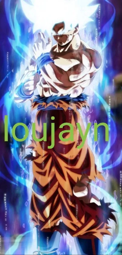 Anime Super Saiyan with blue aura in vibrant colors and dynamic pose.