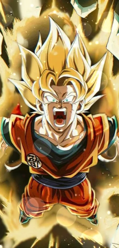 Anime character in a powerful Super Saiyan form with vibrant yellow aura.