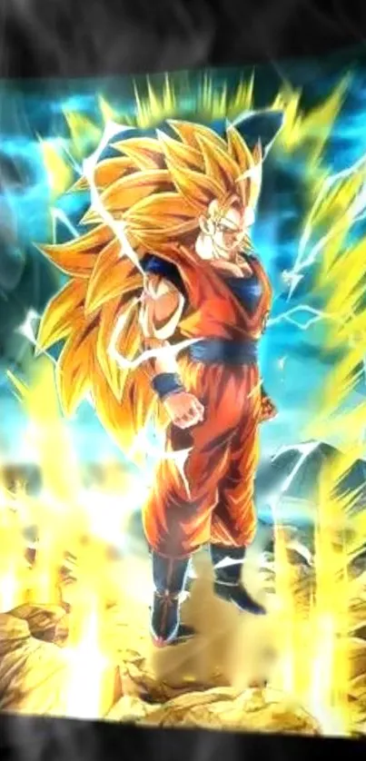 Epic anime Super Saiyan character with lightning and energy aura.