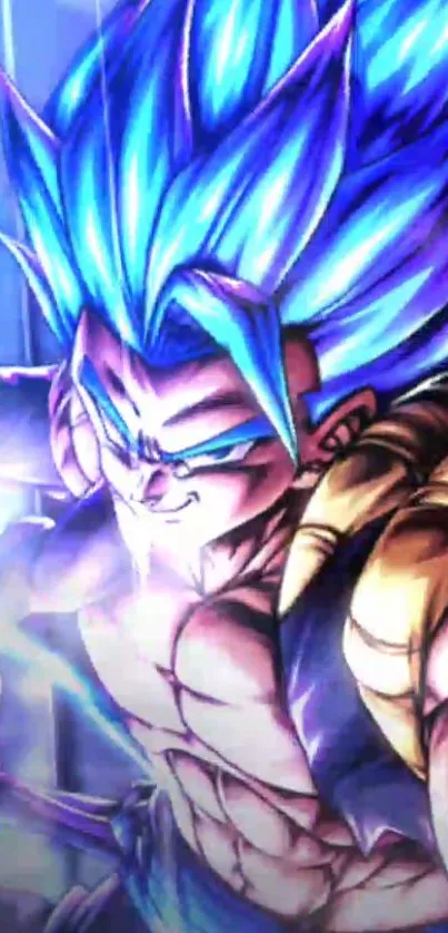 Epic anime Super Saiyan with vibrant blue hair and dynamic energy background.