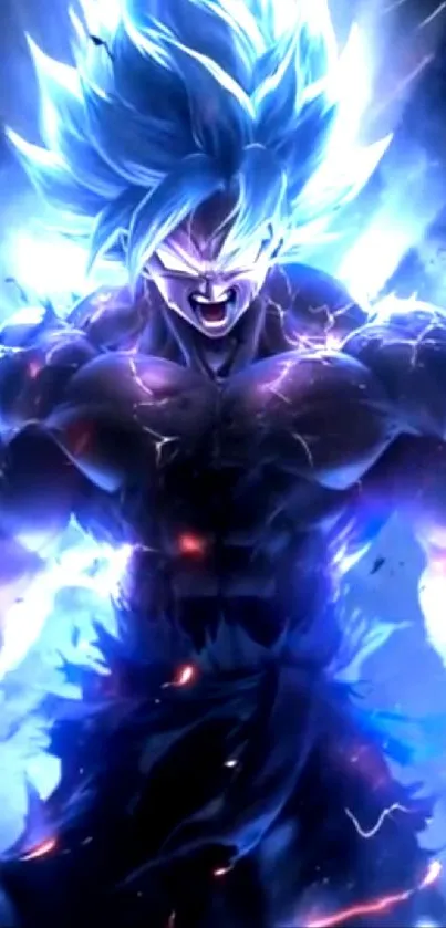 Epic Super Saiyan anime wallpaper with a vibrant blue energy aura.