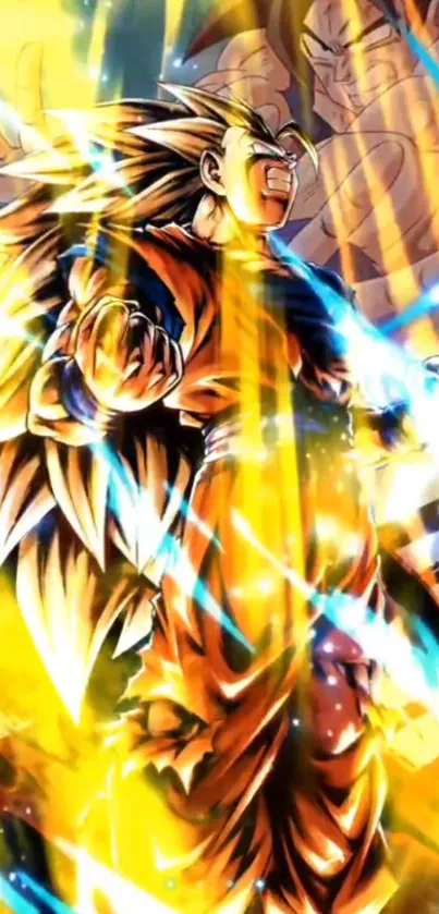 Anime superhero unleashing energy in vibrant yellow and blue hues.