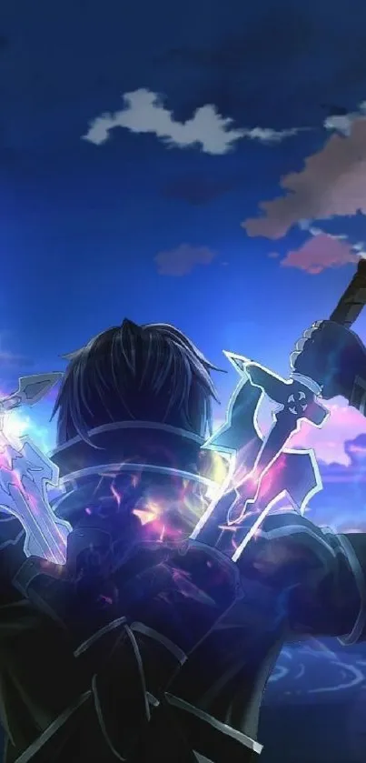 Anime hero with glowing swords in vibrant sky wallpaper.