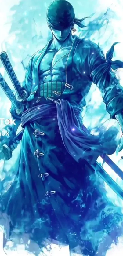 Epic anime sword warrior with blue hues and dynamic pose.