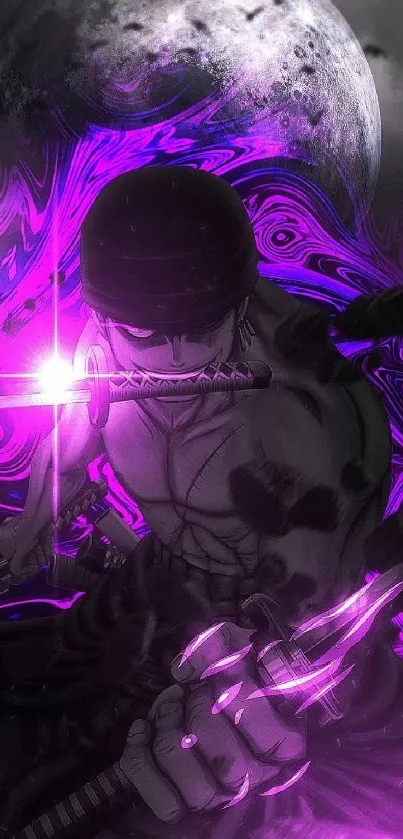 Anime warrior with swords and purple aura in a mystical setting.