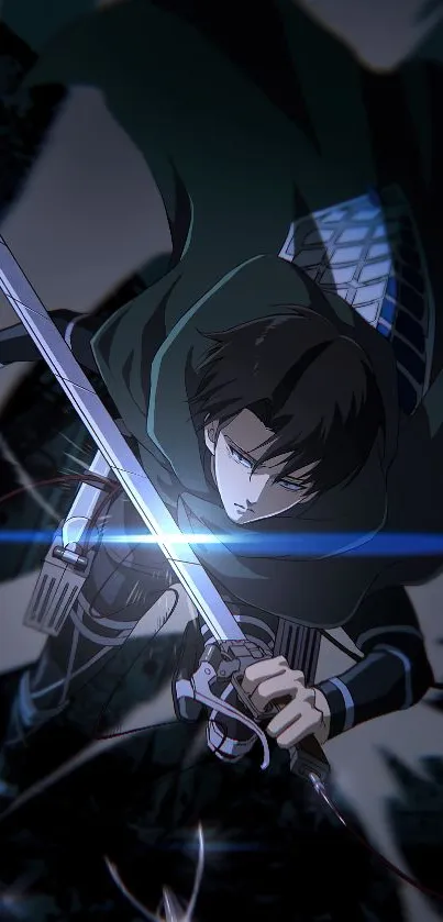 Anime swordfighter in dynamic action scene with dark theme.