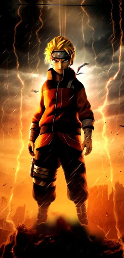 Anime character stands amid a colorful storm.