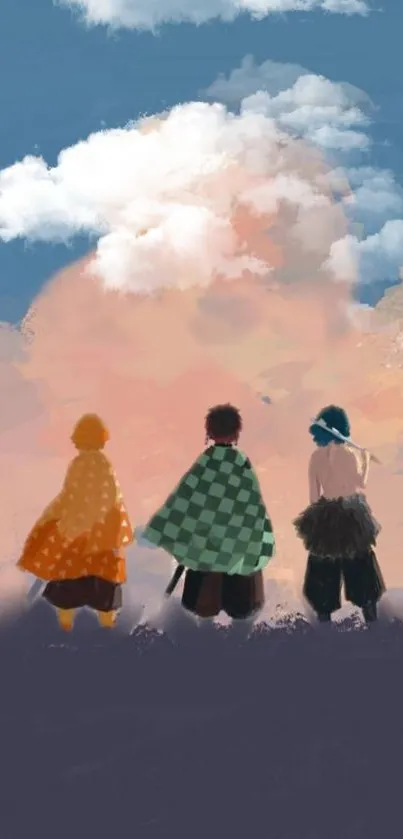 Anime trio overlooking a scenic landscape with vibrant clouds.