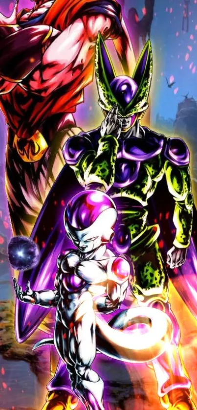 Anime villain trio in a colorful, dynamic scene with fiery background.