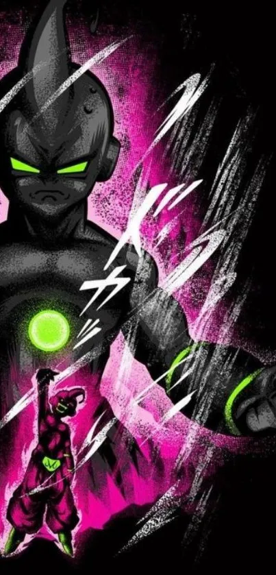 Epic anime villain with pink and green accents on a dark background.