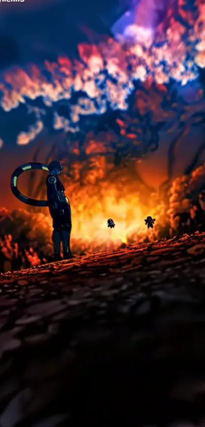 Anime scene with a fiery backdrop and futuristic character.