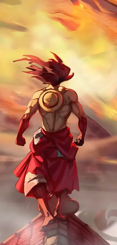 Epic anime warrior in vibrant fiery scene.