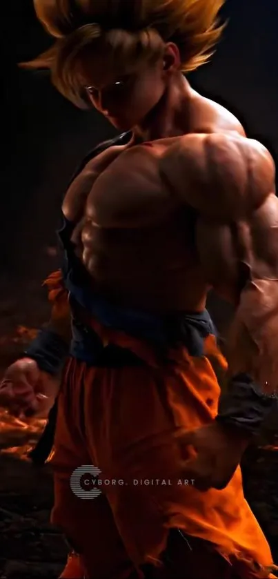 Muscular anime warrior in dynamic pose with fiery background.