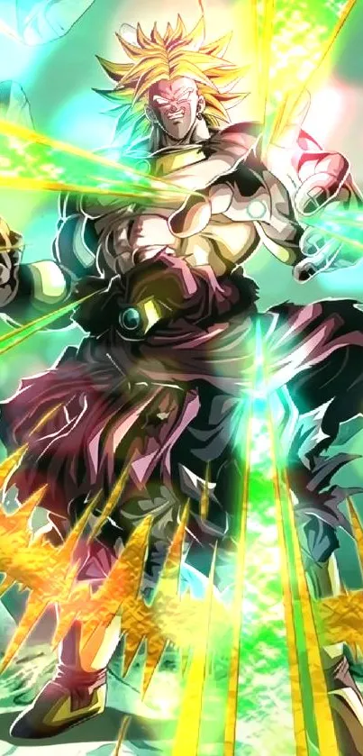 Anime warrior with green energy aura in a bold and vibrant pose.