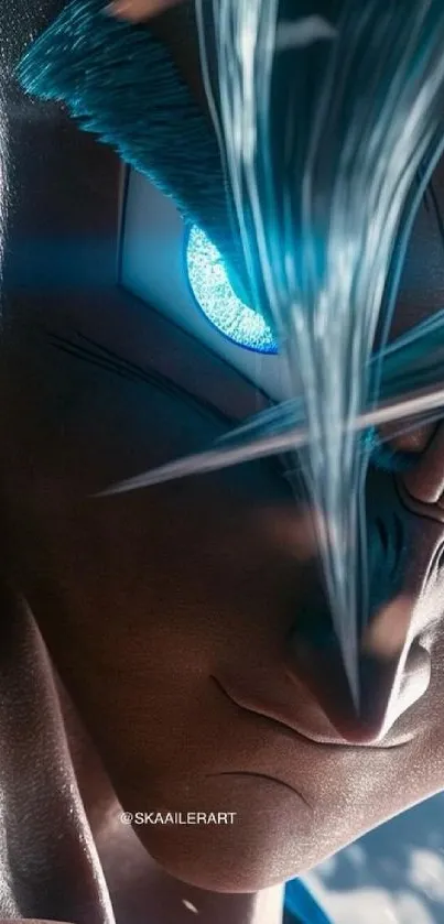 Close-up of an intense anime warrior's face with vibrant blue elements.