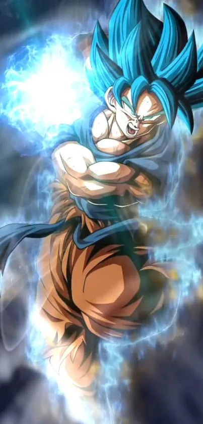 Anime warrior charging with electric energy against dark background.