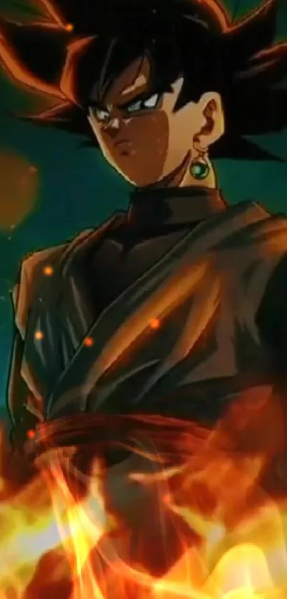 Anime warrior with fiery background and intense stare