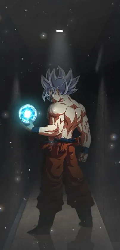 Anime warrior with glowing energy ball in a dark corridor.