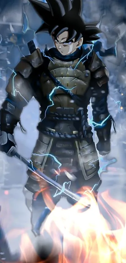 Anime warrior in armor amid flames and electric sparks.