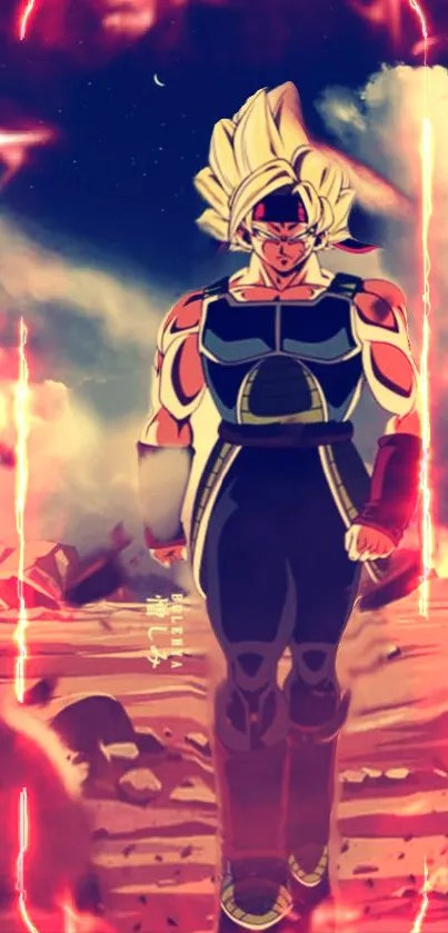 Epic anime warrior stands amidst fiery red landscape.