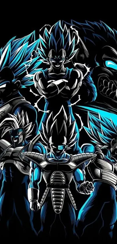 Epic anime warriors in a blue and black themed mobile wallpaper.