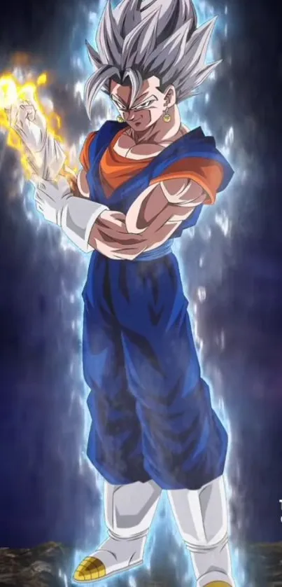 Anime warrior with glowing aura in action pose, vibrant blue and orange hues.