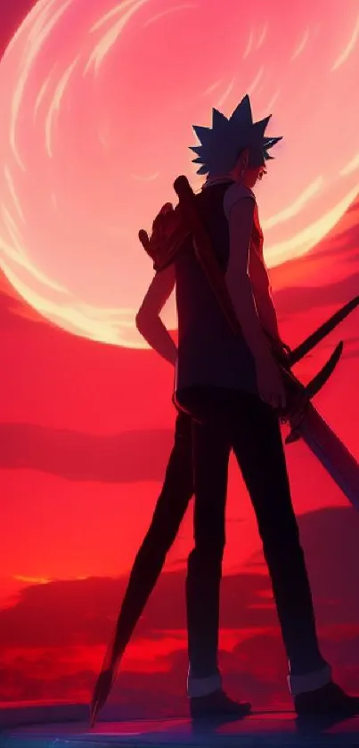 Anime warrior silhouette with sword against a vibrant red sunset.