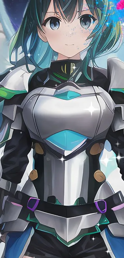 Anime warrior trio with cosmic background, futuristic armor, and vibrant colors.