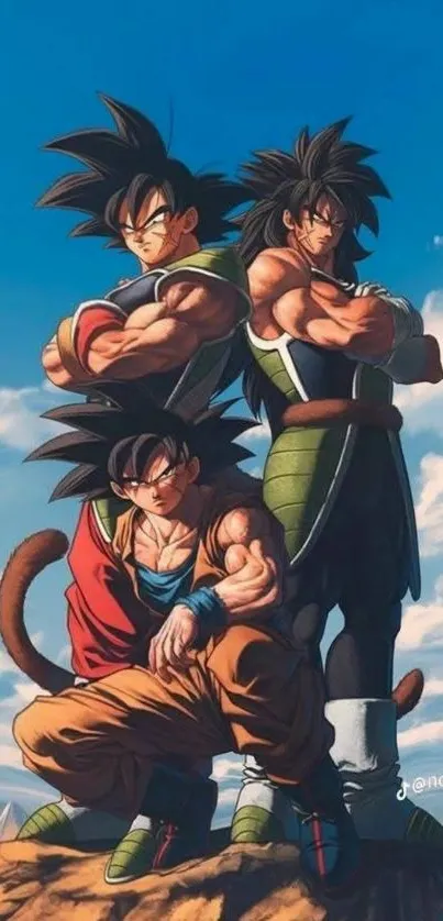Anime warriors striking a powerful pose under a vibrant sky.