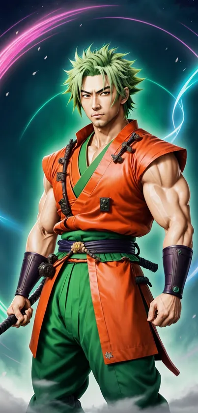 Epic anime warrior in vibrant colors, holding a sword, surrounded by glowing rings.